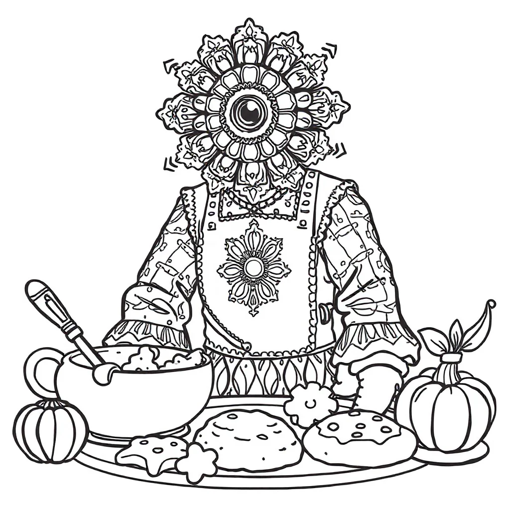 Kaleidoscope an ornate kaleidoscope baking cookies — classic kaleidoscope coloring page (ages 5–10)