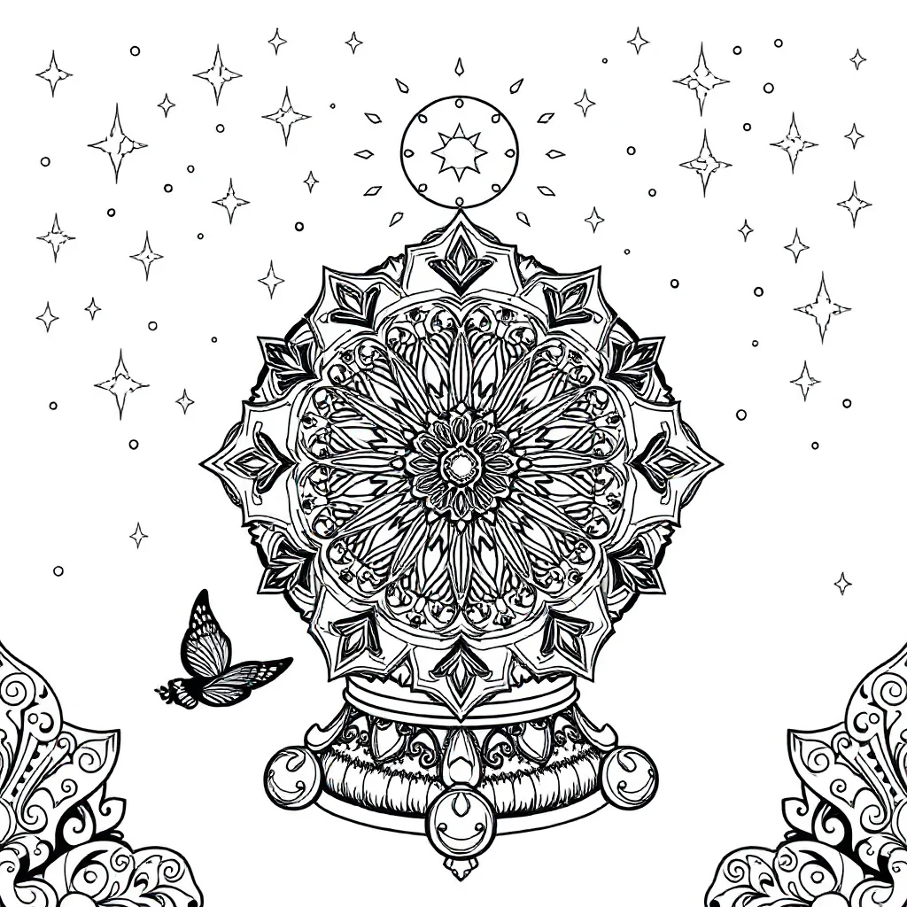 Kaleidoscope an ornate kaleidoscope under the night sky with stars — detailed kaleidoscope coloring page (ages 9+ & adults)