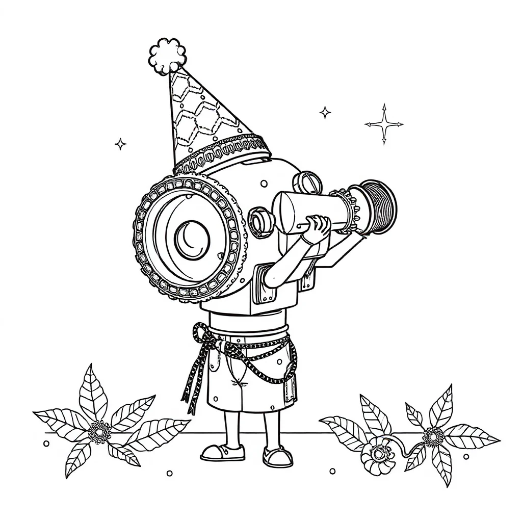 Kaleidoscope an ornate kaleidoscope wearing a party hat — classic kaleidoscope coloring page (ages 5–10)