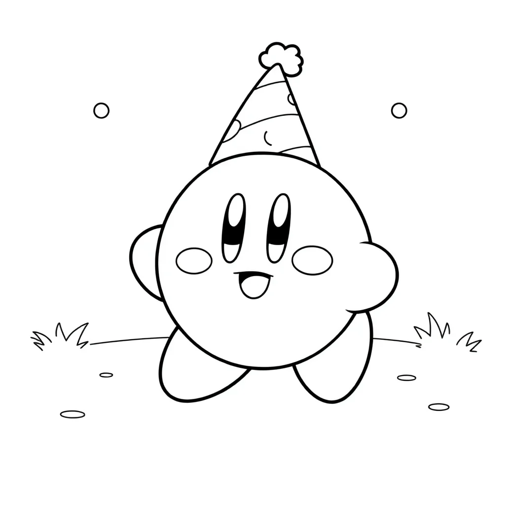 Kirby a chibi kirby smiling wearing a party hat — classic kirby coloring page (ages 5–10)