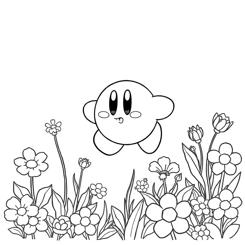 Kirby cute kirby floating in a flower garden — classic kirby coloring page (ages 5–10)