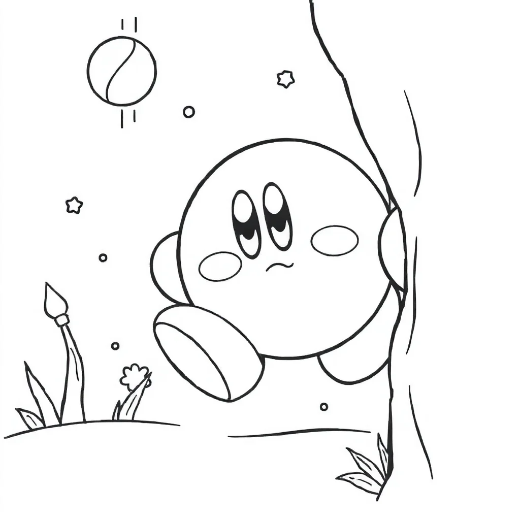 Kirby cute kirby floating peeking from behind something — classic kirby coloring page (ages 5–10)