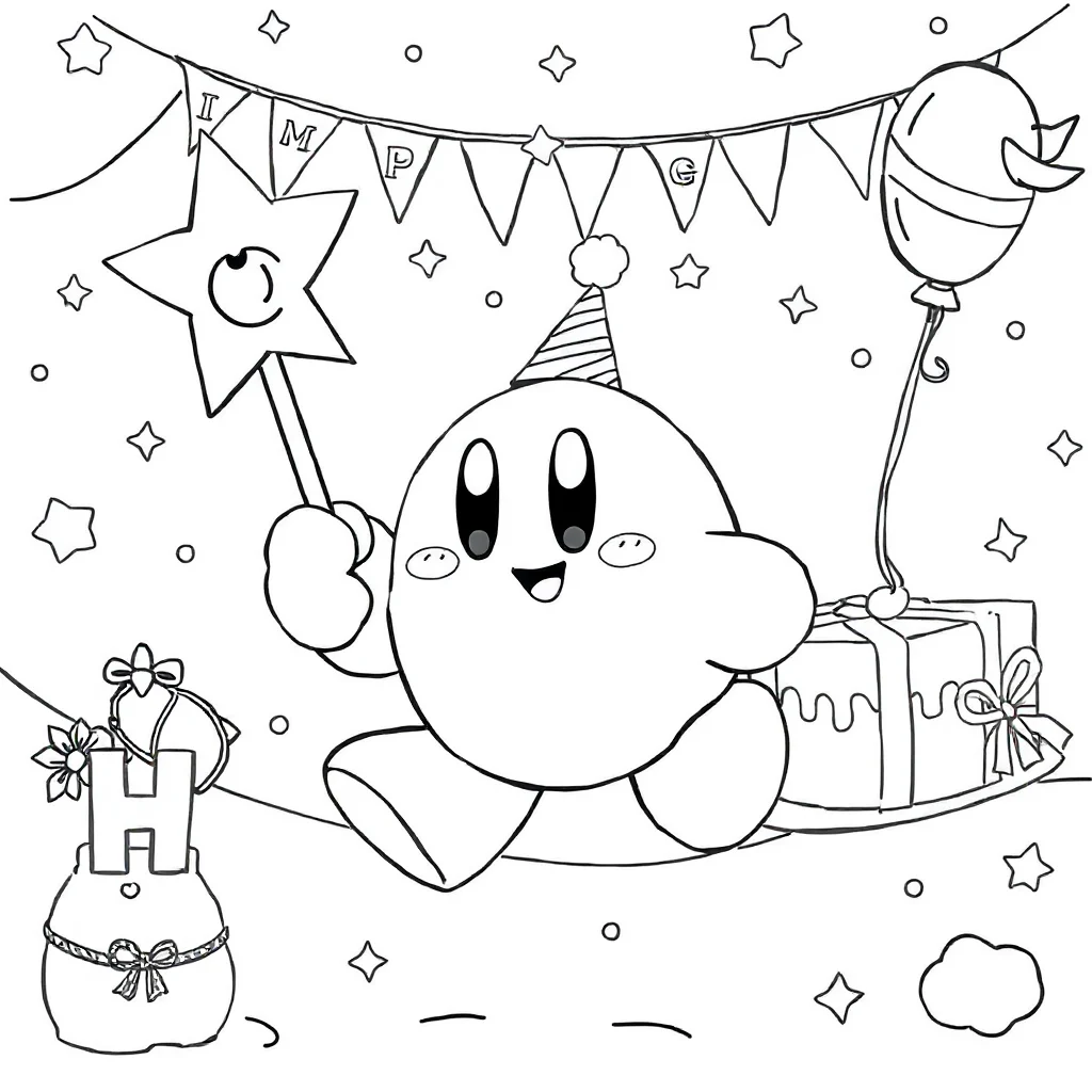 Kirby kirby holding a star rod celebrating a birthday — classic kirby coloring page (ages 5–10)