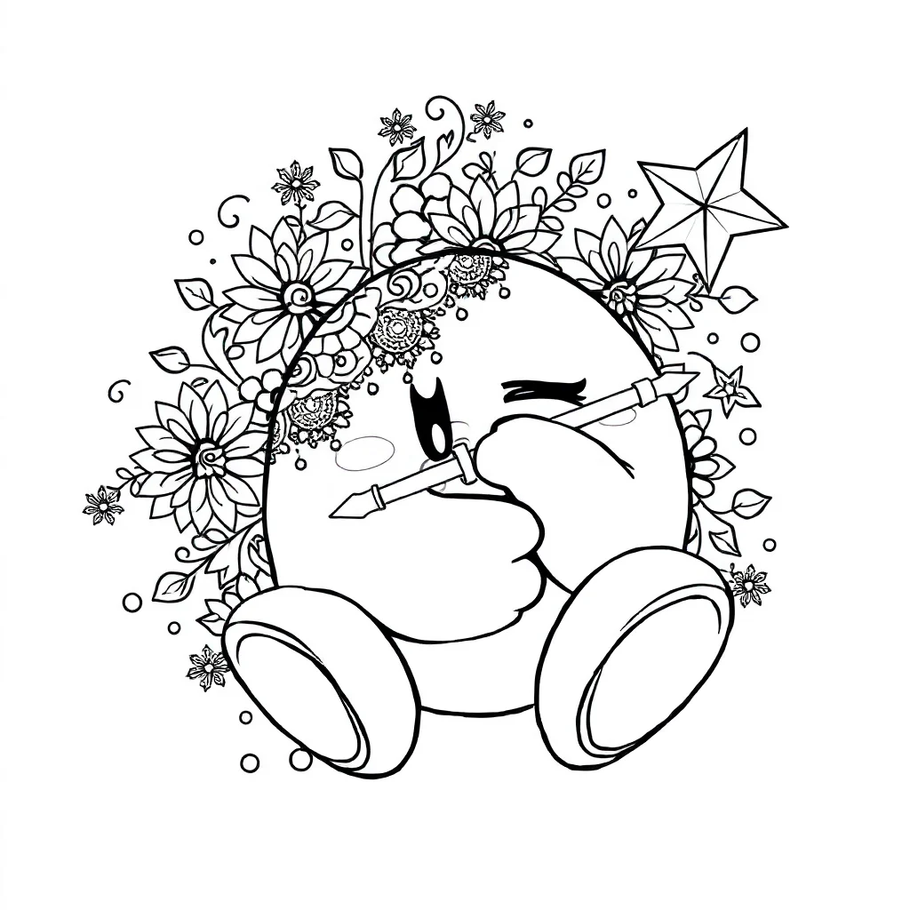 Kirby kirby holding a star rod sleeping curled up — detailed kirby coloring page (ages 9+ & adults)
