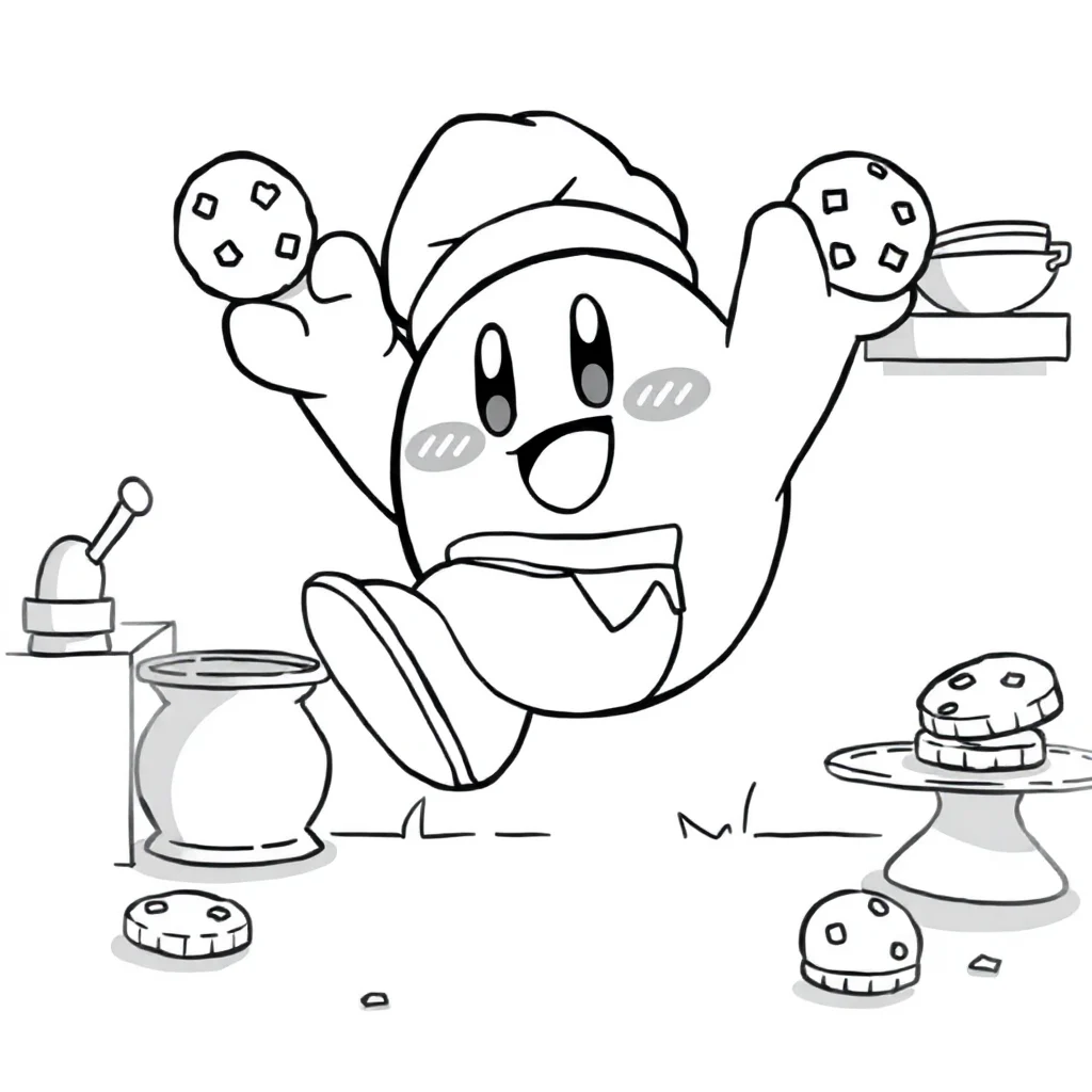 Kirby kirby jumping with joy baking cookies — classic kirby coloring page (ages 5–10)