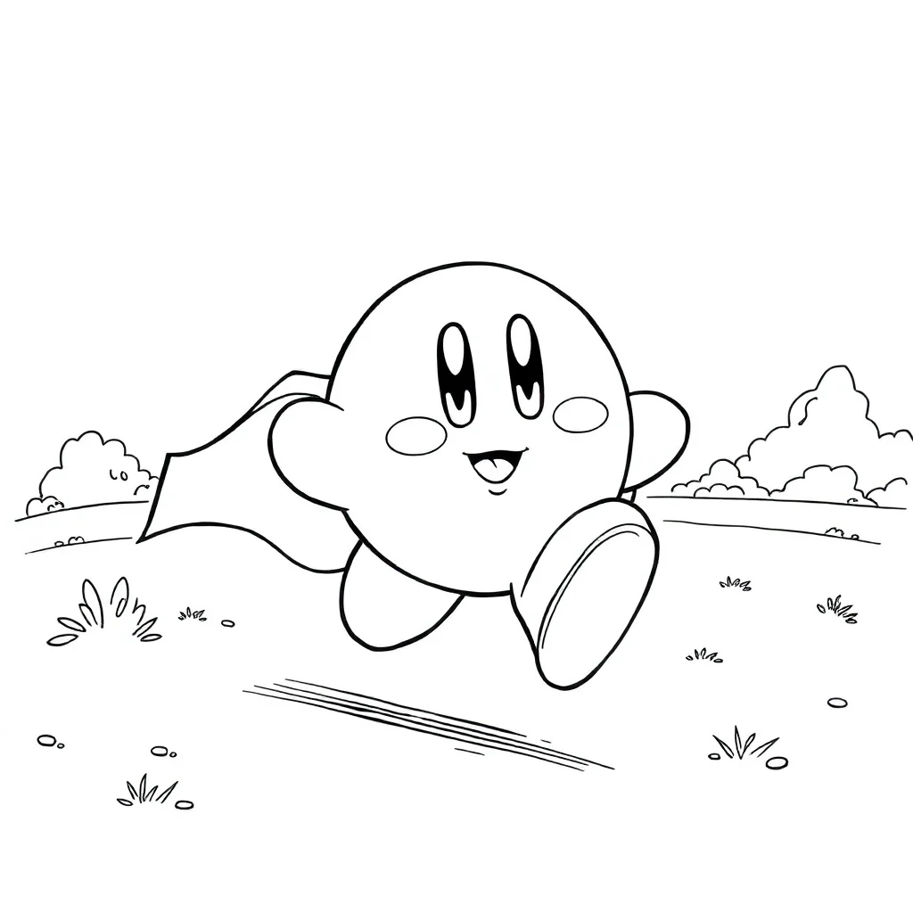 Kirby kirby running happily in a superhero cape — classic kirby coloring page (ages 5–10)