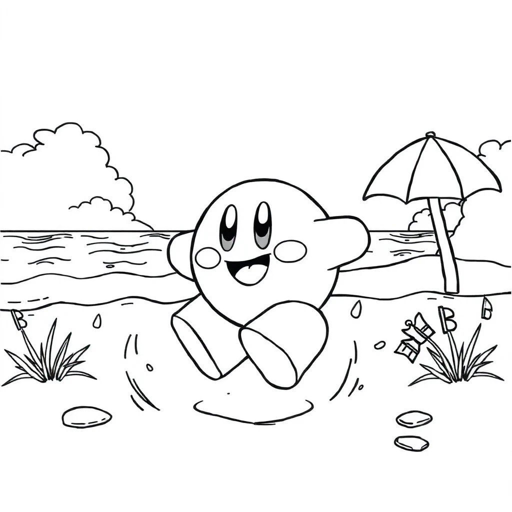 Kirby kirby running happily on the beach — classic kirby coloring page (ages 5–10)