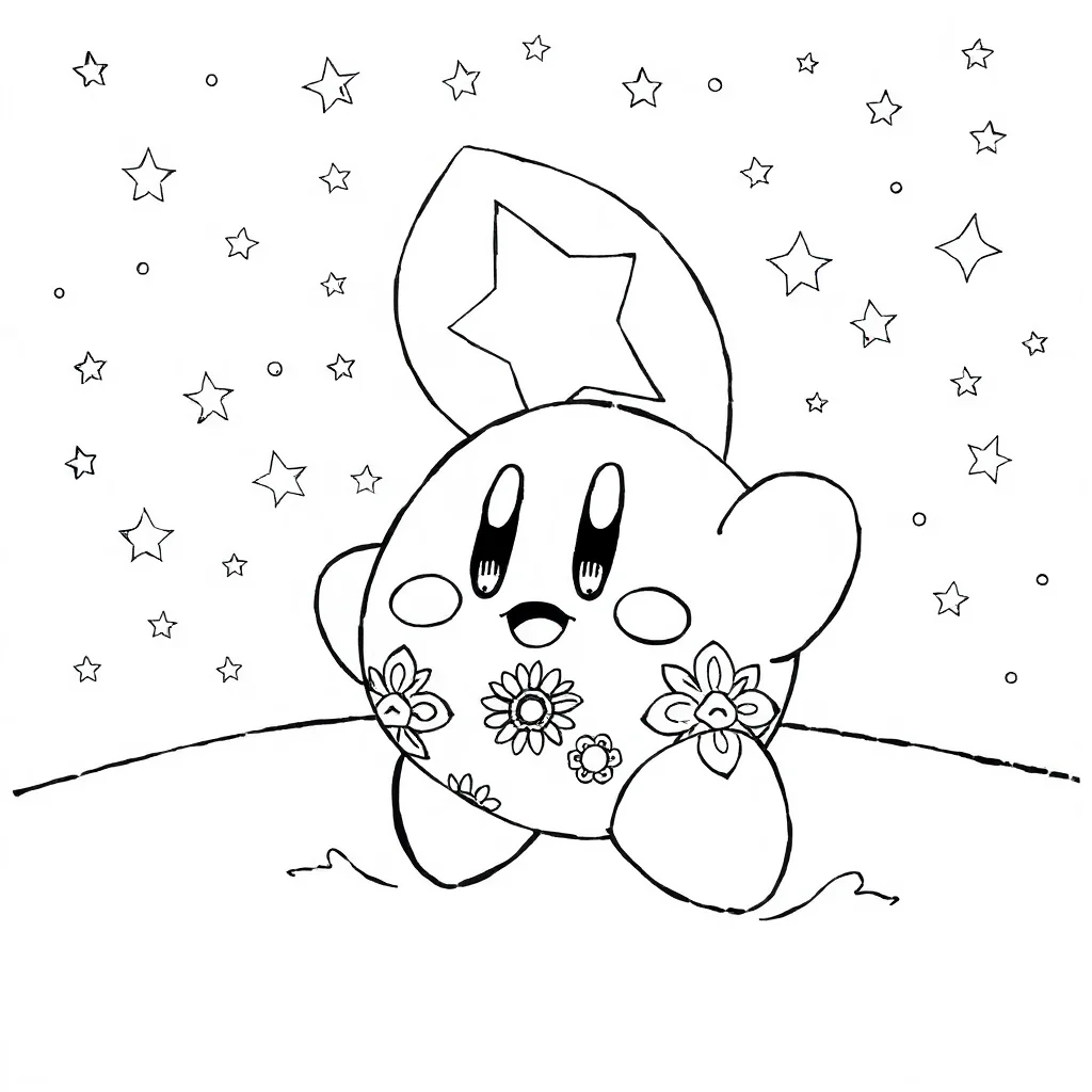 Kirby kirby with a star under the night sky with stars — detailed kirby coloring page (ages 9+ & adults)