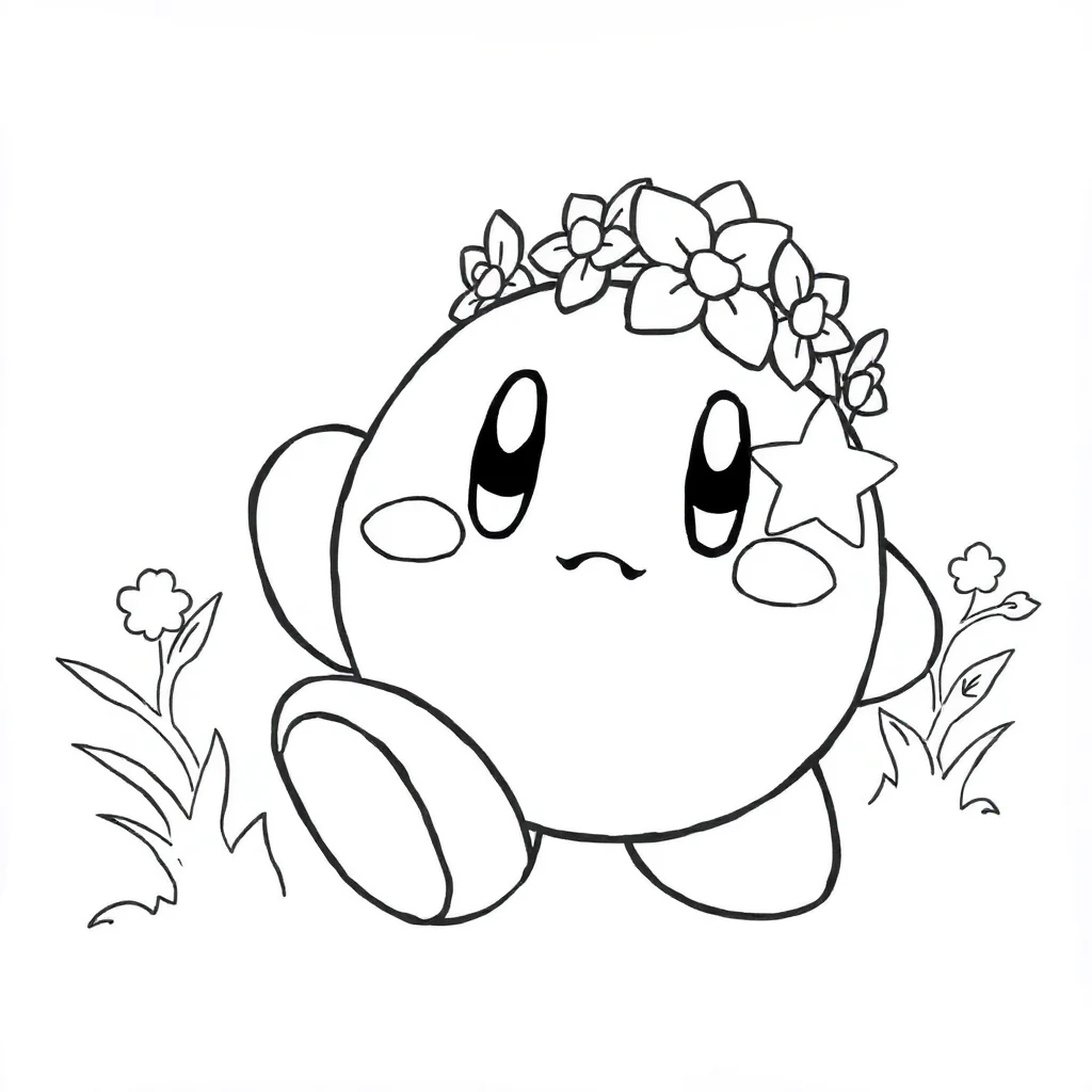 Kirby kirby with a star wearing a flower crown — classic kirby coloring page (ages 5–10)