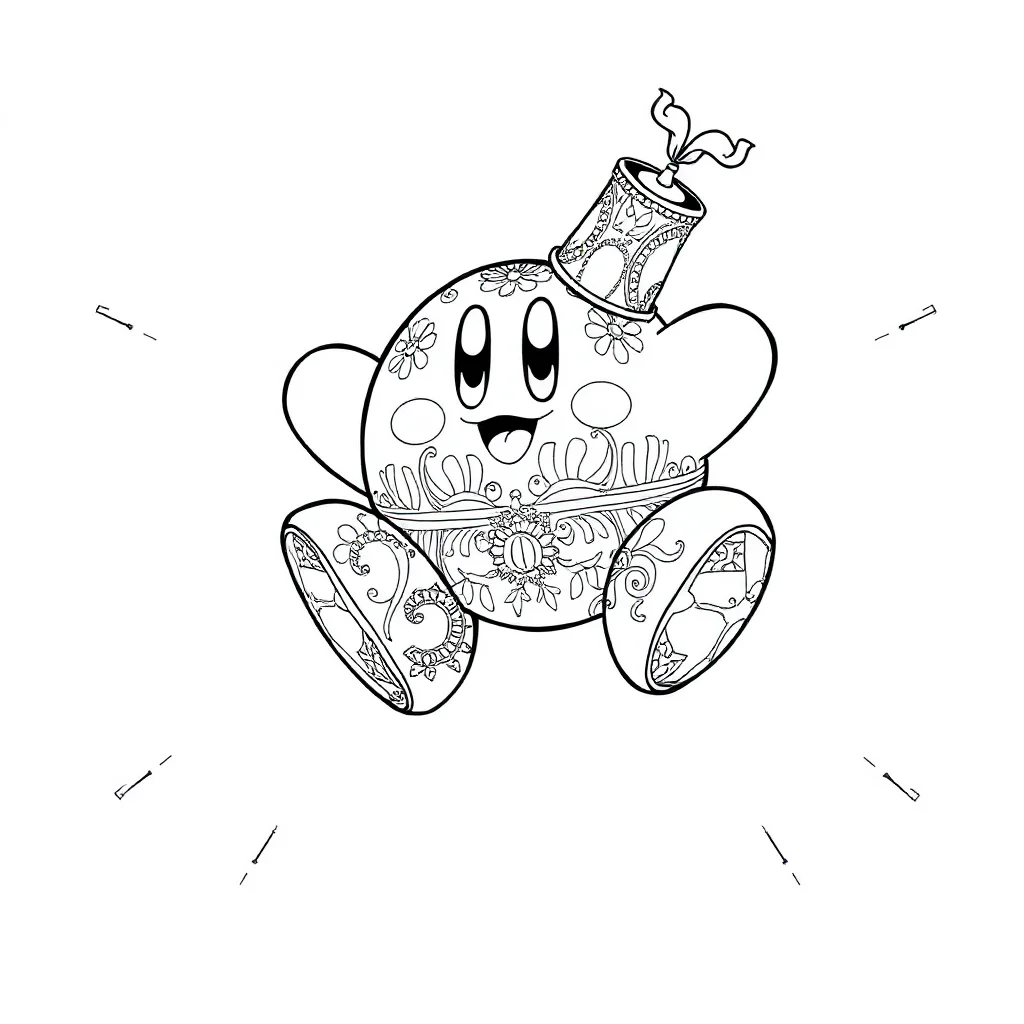 Kirby kirby with a tiny hat leaping mid air — detailed kirby coloring page (ages 9+ & adults)