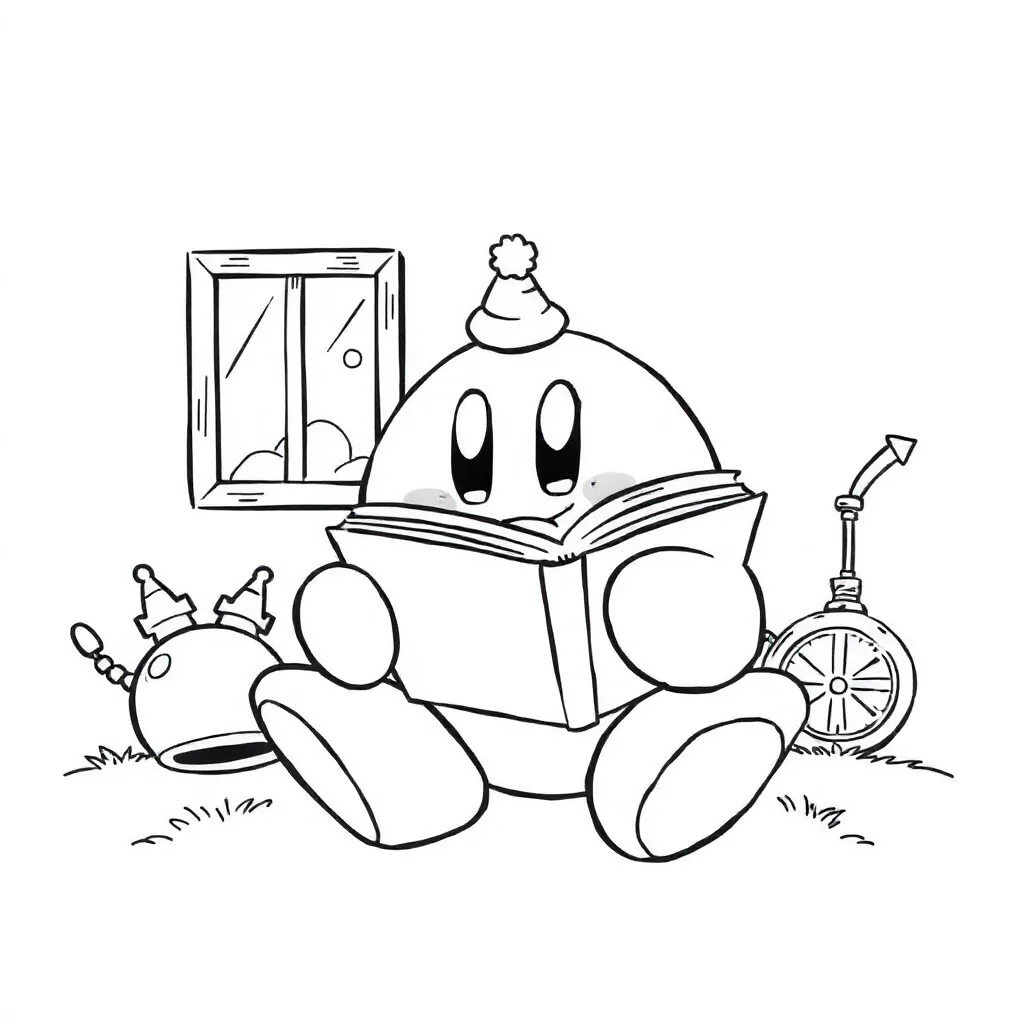 Kirby kirby with a tiny hat reading a book — classic kirby coloring page (ages 5–10)