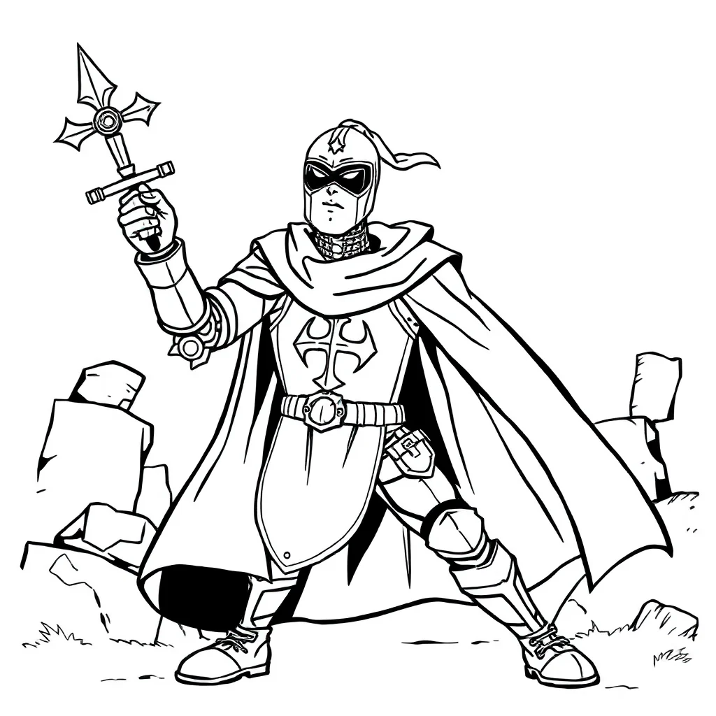 Knights a brave knight in a superhero cape — classic knights coloring page (ages 5–10)