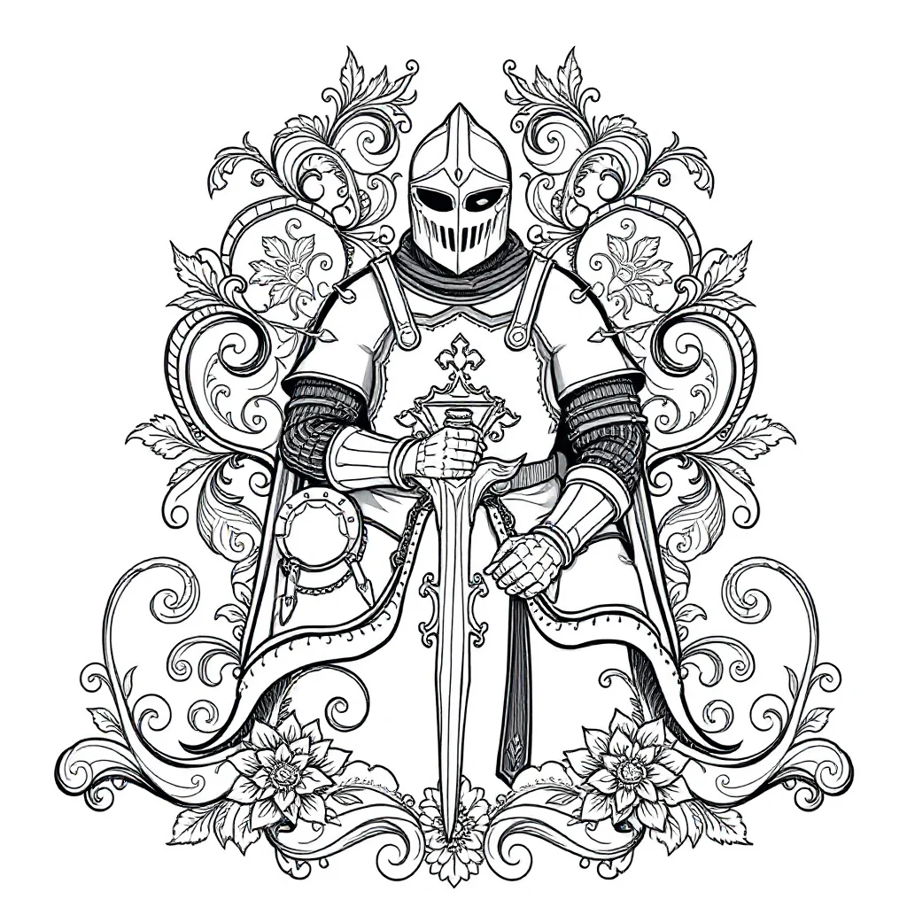 Knights a brave knight sitting — detailed knights coloring page (ages 9+ & adults)