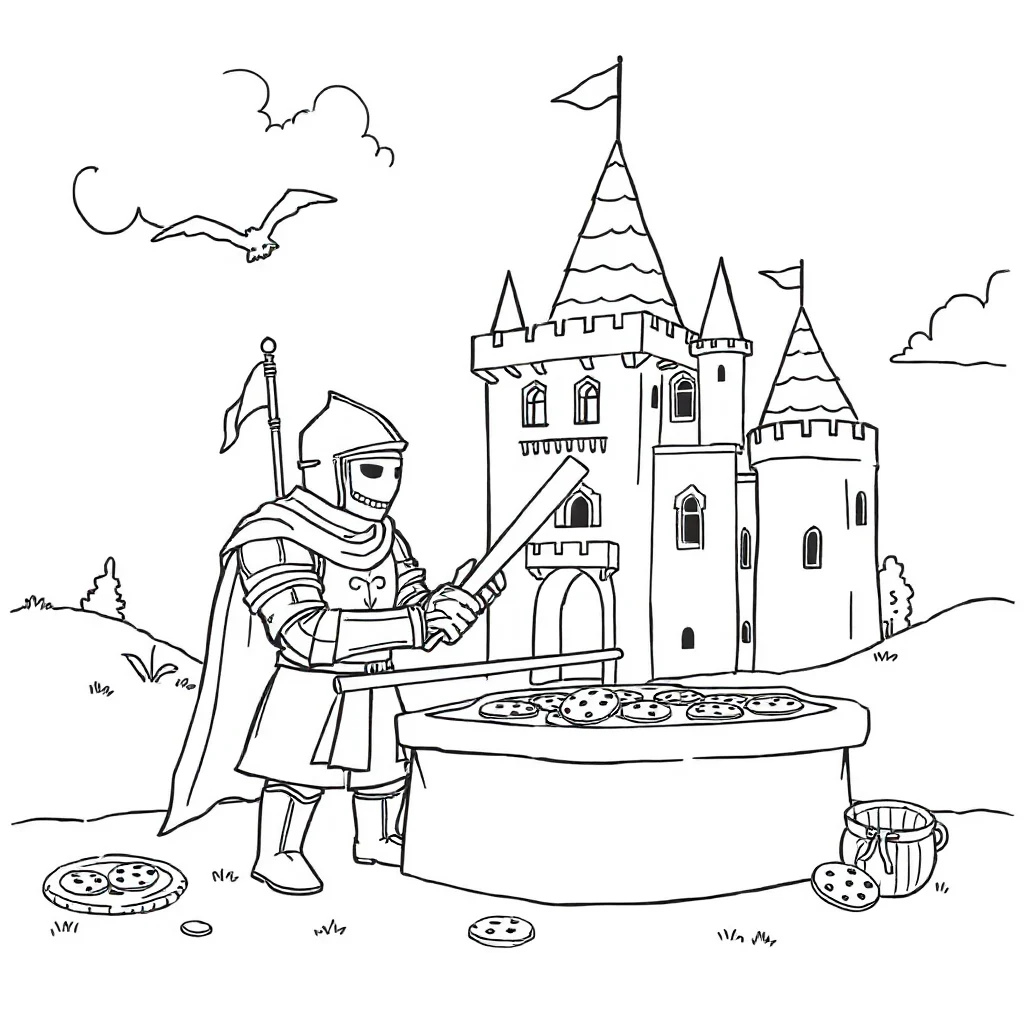 Knights a knight and a castle baking cookies — classic knights coloring page (ages 5–10)