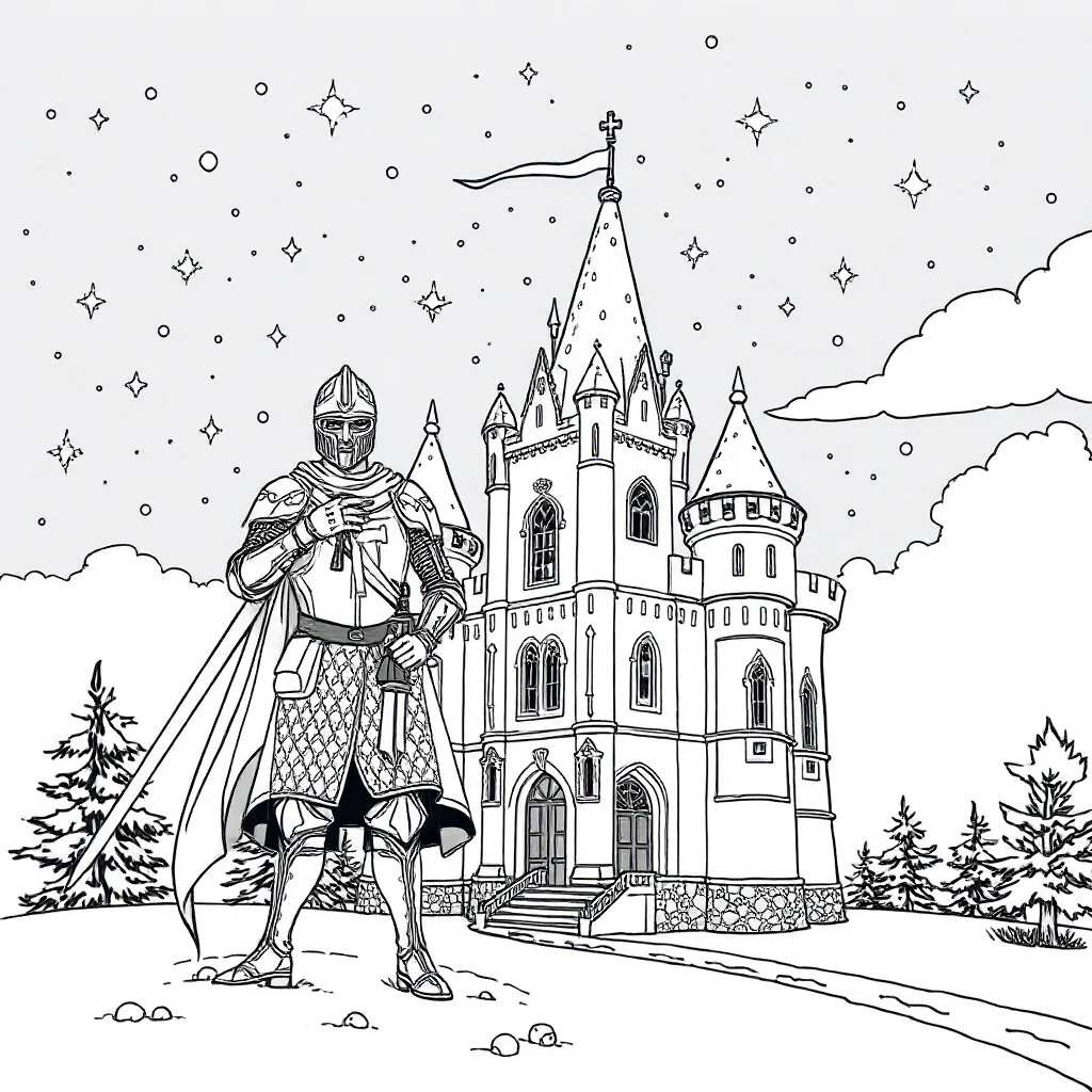 Knights a knight and a castle under the night sky with stars — detailed knights coloring page (ages 9+ & adults)