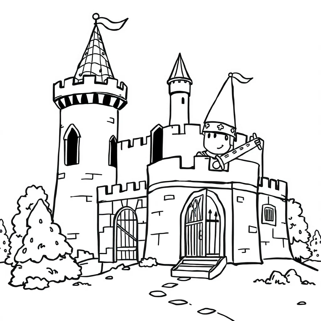 Knights a knight and a castle wearing a party hat — classic knights coloring page (ages 5–10)
