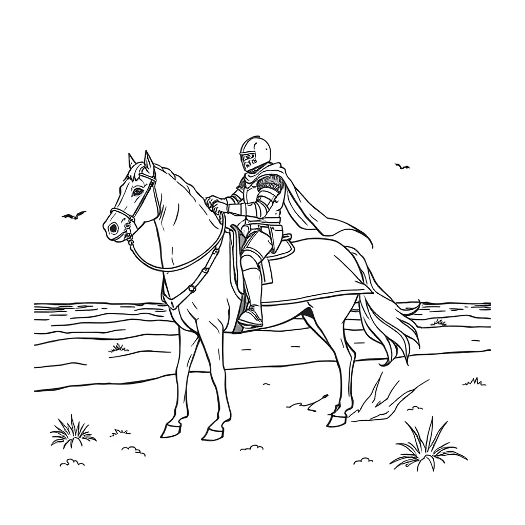 Knights a knight on a horse on the beach — classic knights coloring page (ages 5–10)