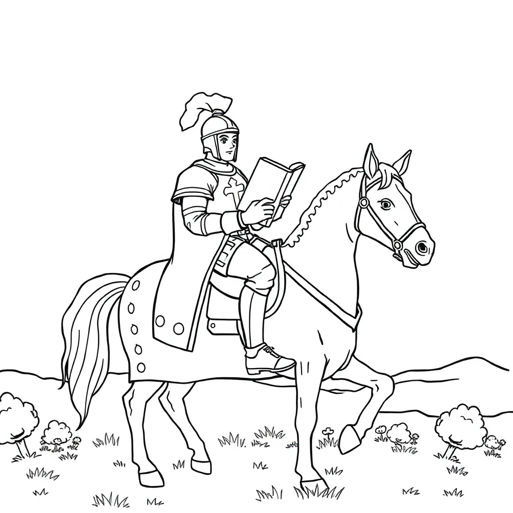 Knights a knight on a horse reading a book — classic knights coloring page (ages 5–10)