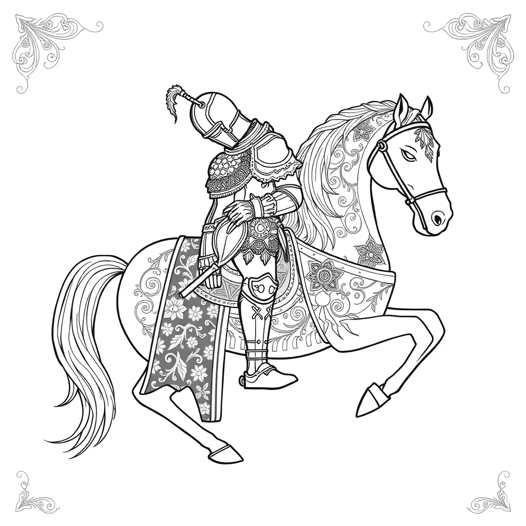 Knights a knight on a horse sleeping curled up — detailed knights coloring page (ages 9+ & adults)