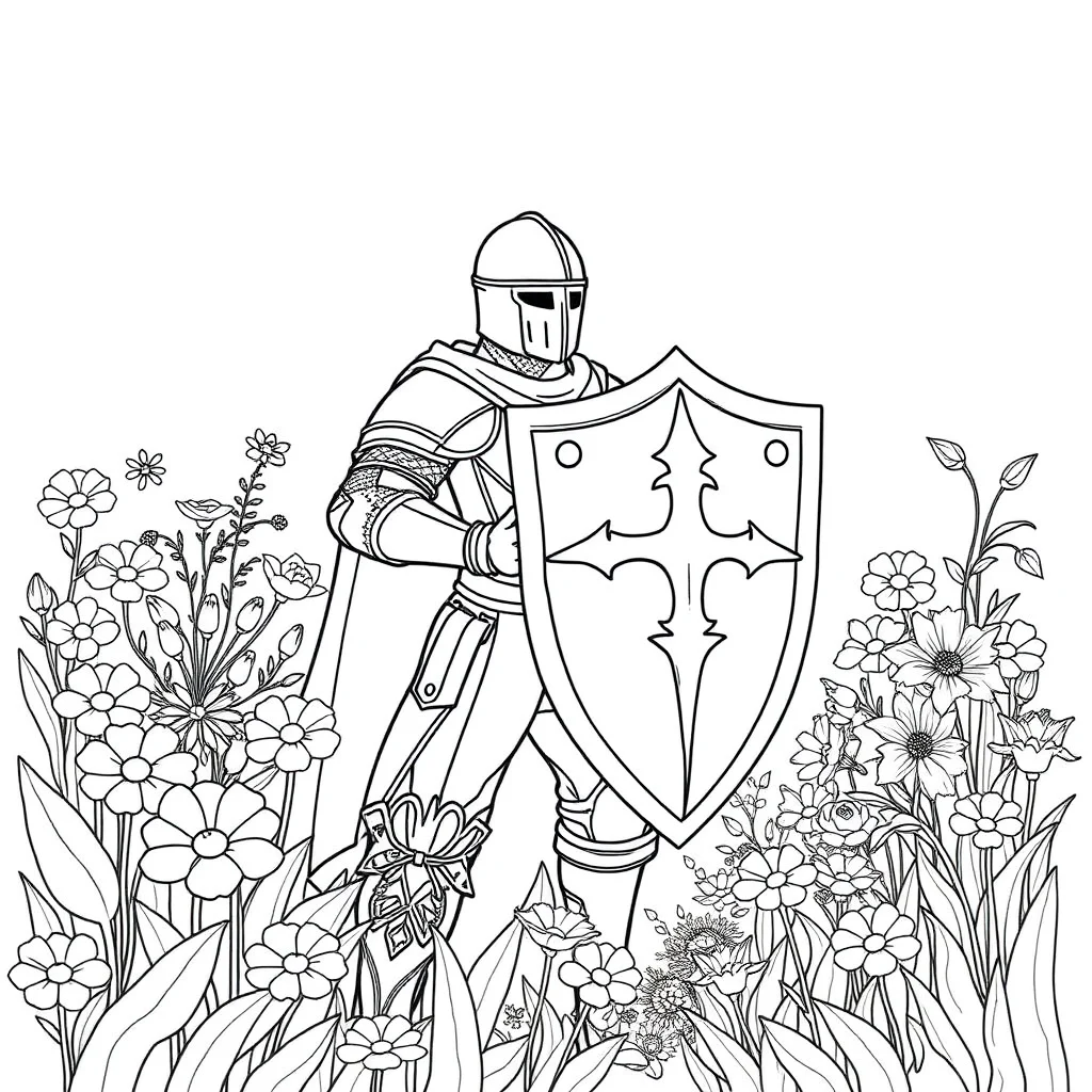 Knights a knight with a shield in a flower garden — classic knights coloring page (ages 5–10)