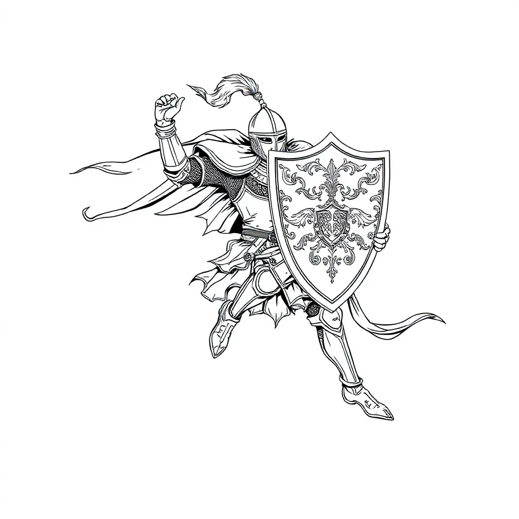 Knights a knight with a shield leaping mid air — detailed knights coloring page (ages 9+ & adults)