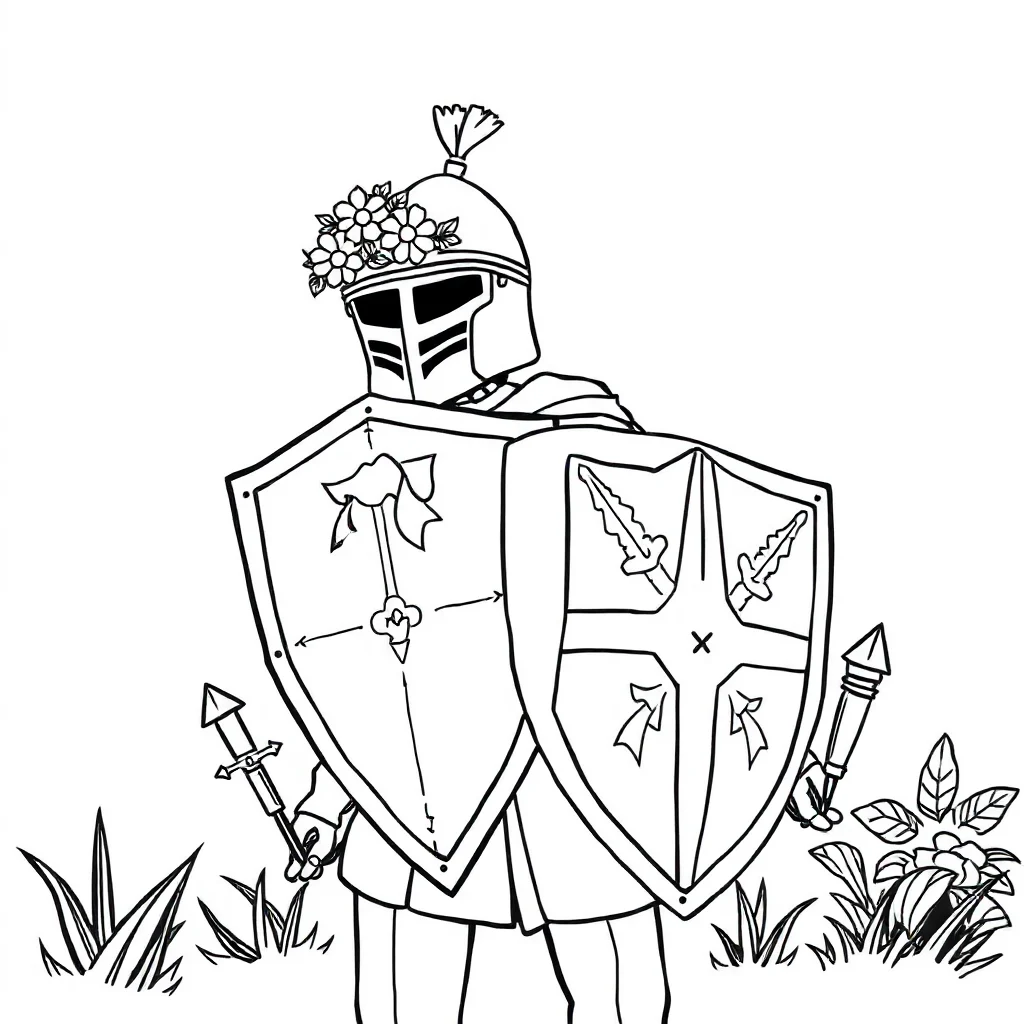 Knights a knight with a shield wearing a flower crown — classic knights coloring page (ages 5–10)