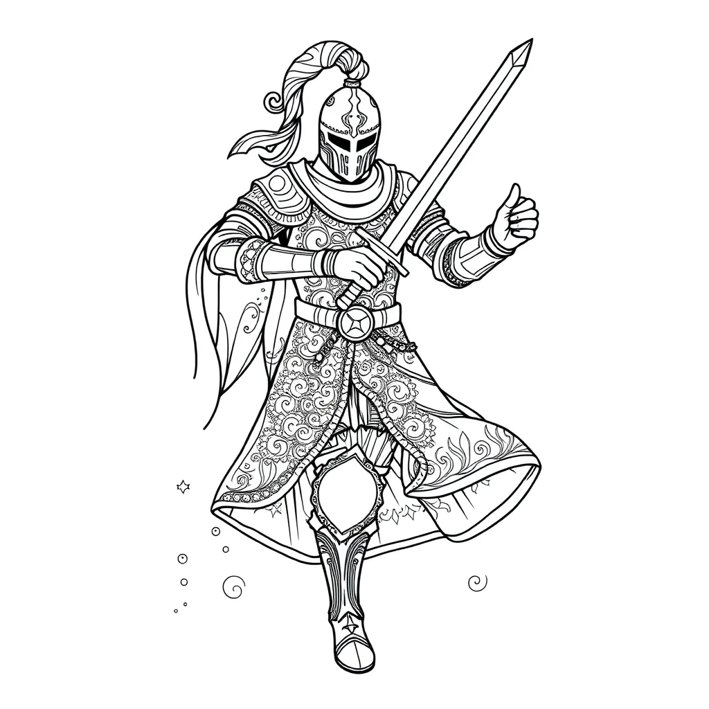 Knights a knight with a sword dancing — detailed knights coloring page (ages 9+ & adults)