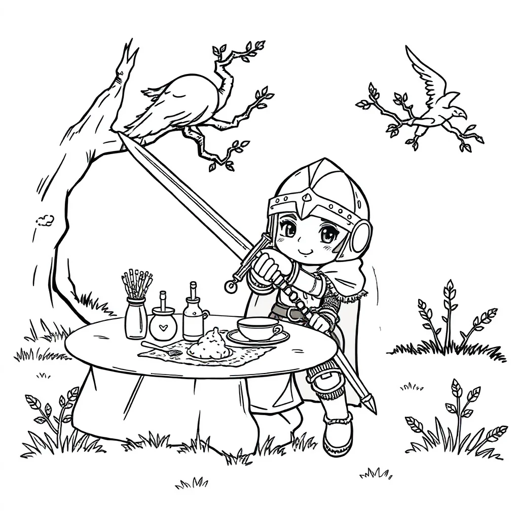 Knights a knight with a sword having a picnic — classic knights coloring page (ages 5–10)
