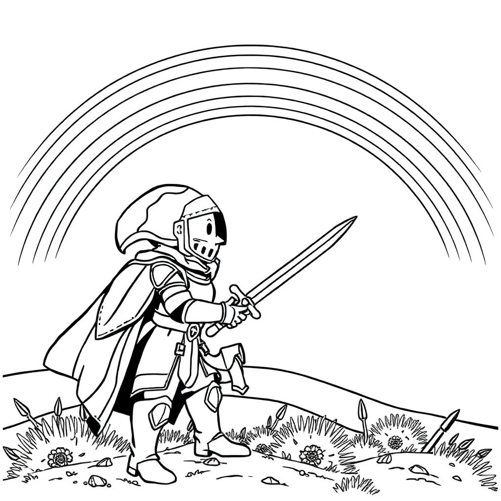 Knights a knight with a sword under a rainbow — classic knights coloring page (ages 5–10)