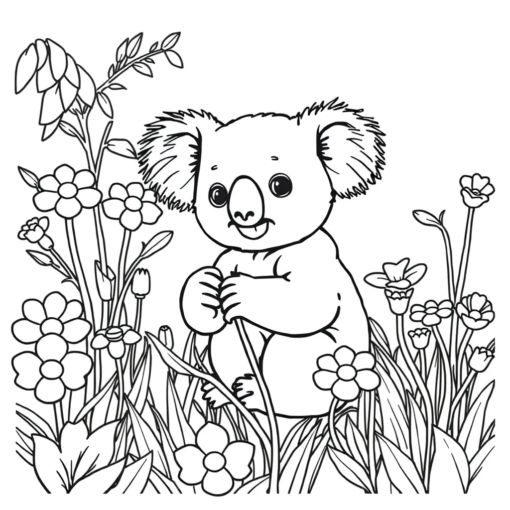 Koalas a baby koala in a flower garden — classic koalas coloring page (ages 5–10)