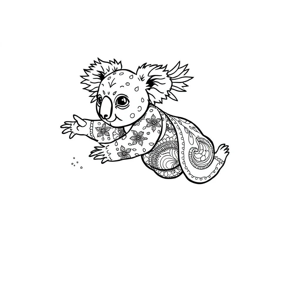 Koalas a baby koala leaping mid air — detailed koalas coloring page (ages 9+ & adults)