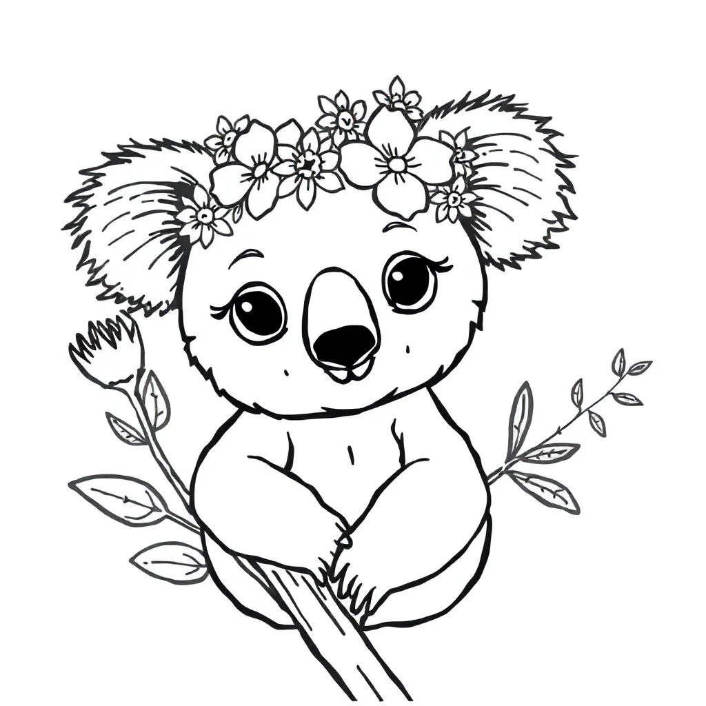 Koalas a baby koala wearing a flower crown — classic koalas coloring page (ages 5–10)