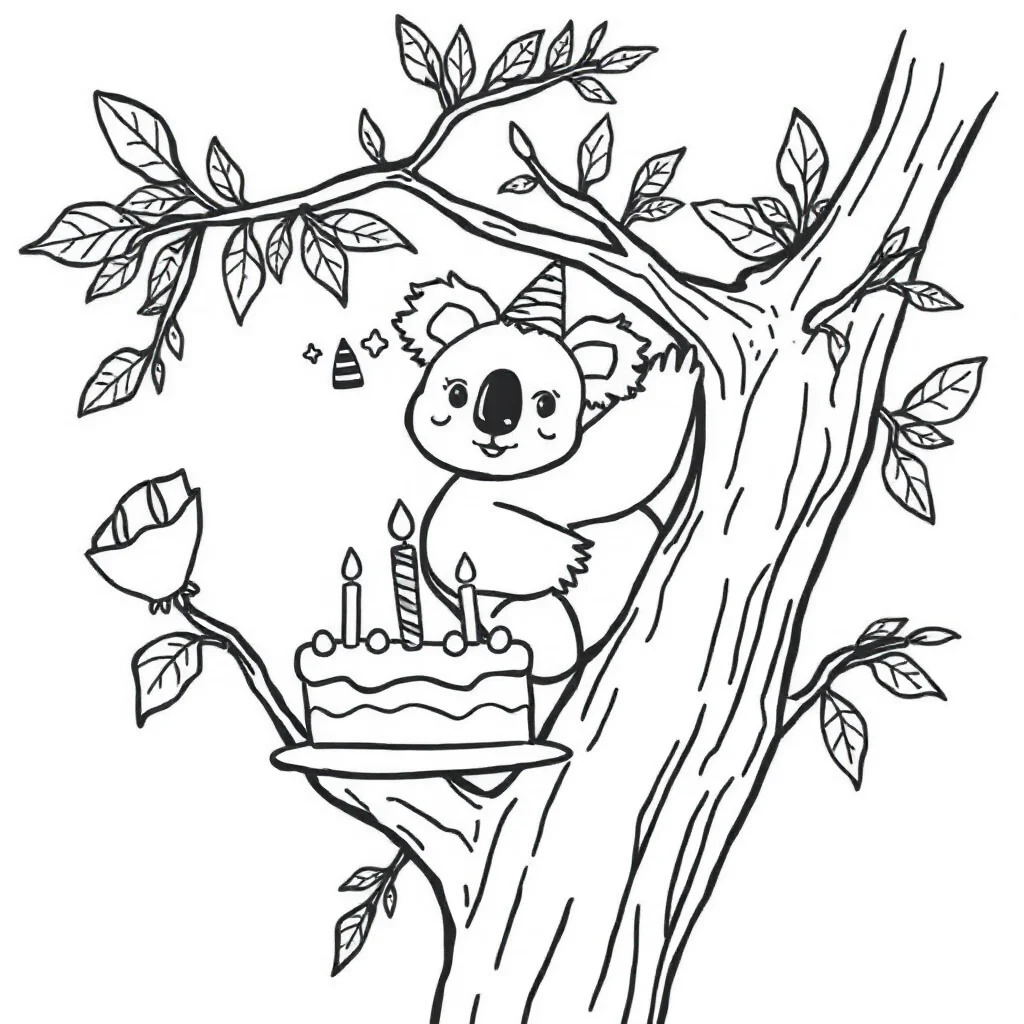 Koalas a cute koala on a tree celebrating a birthday — classic koalas coloring page (ages 5–10)