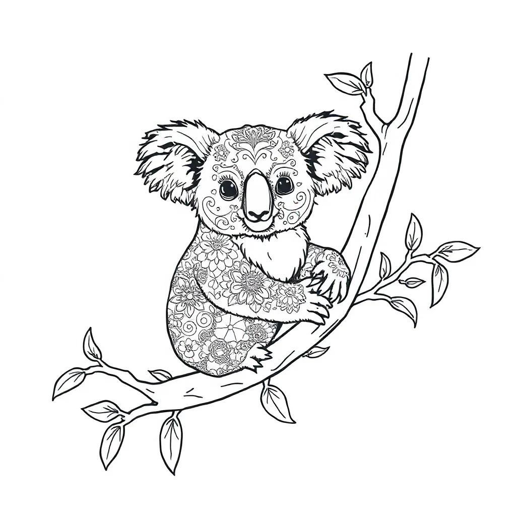 Koalas a cute koala on a tree sitting — detailed koalas coloring page (ages 9+ & adults)