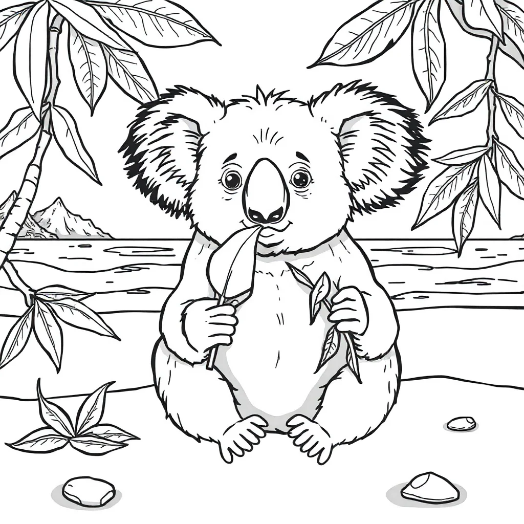 Koalas a koala eating leaves on the beach — classic koalas coloring page (ages 5–10)
