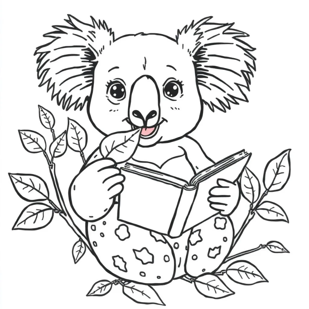 Koalas a koala eating leaves reading a book — classic koalas coloring page (ages 5–10)