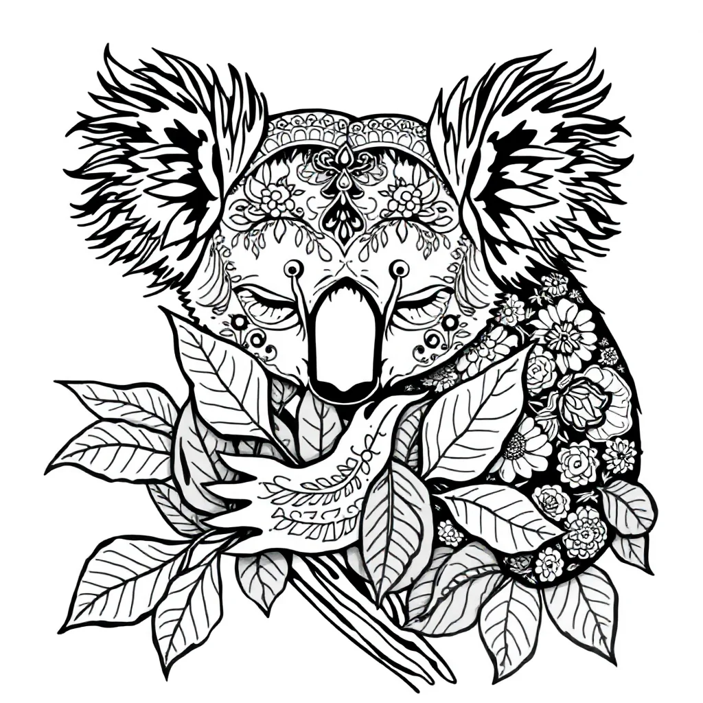 Koalas a koala eating leaves sleeping curled up — detailed koalas coloring page (ages 9+ & adults)