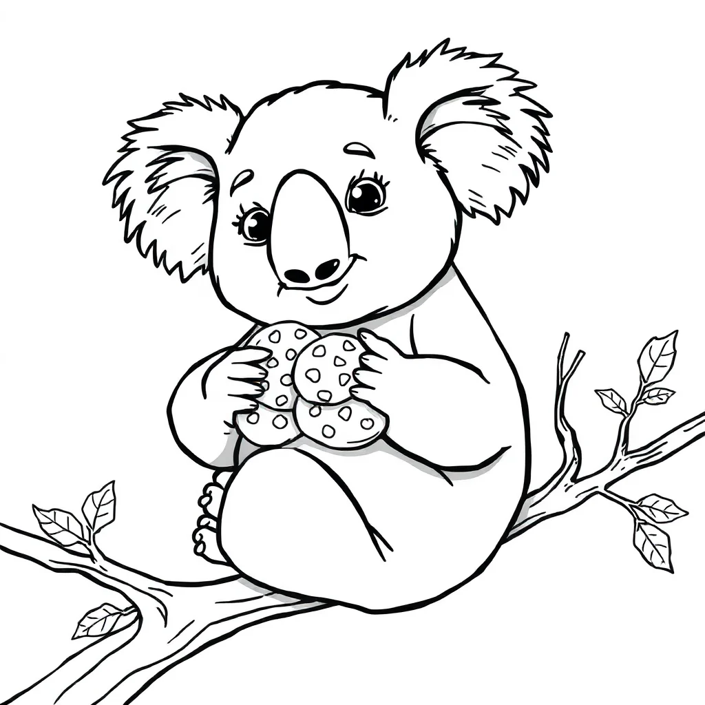 Koalas a koala hugging a branch baking cookies — classic koalas coloring page (ages 5–10)