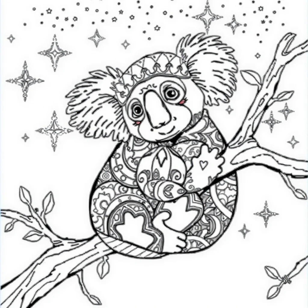 Koalas a koala hugging a branch under the night sky with stars — detailed koalas coloring page (ages 9+ & adults)