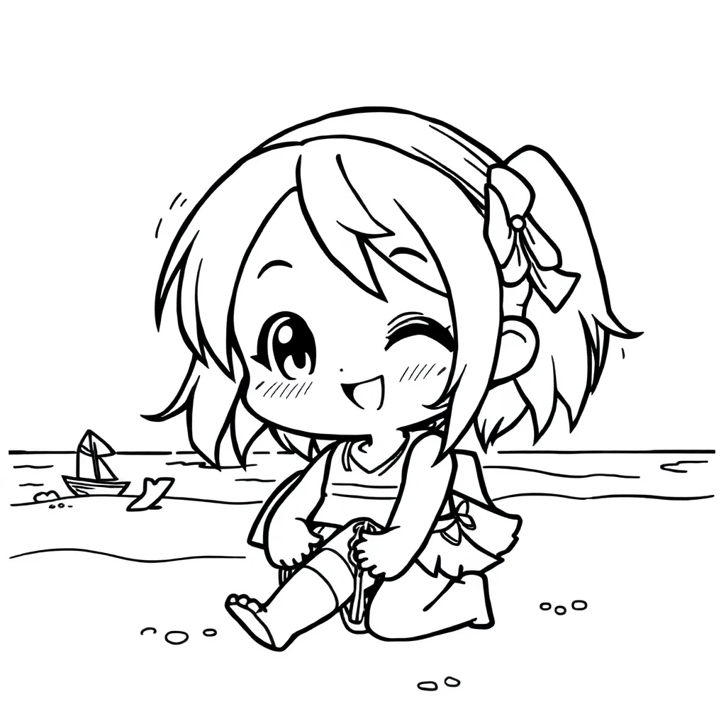 Kuromi a chibi kuromi smiling on the beach — classic kuromi coloring page (ages 5–10)