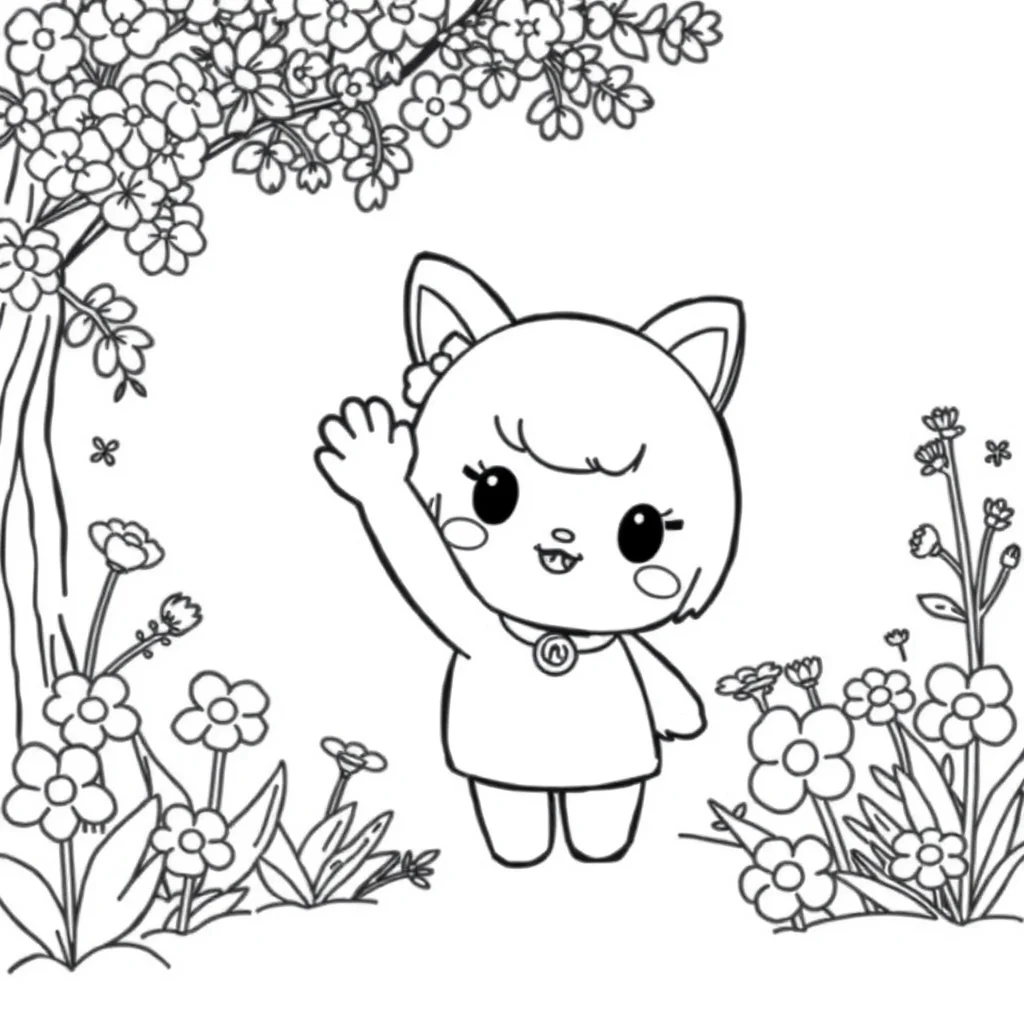Kuromi cute kuromi sanrio character waving in a flower garden — classic kuromi coloring page (ages 5–10)