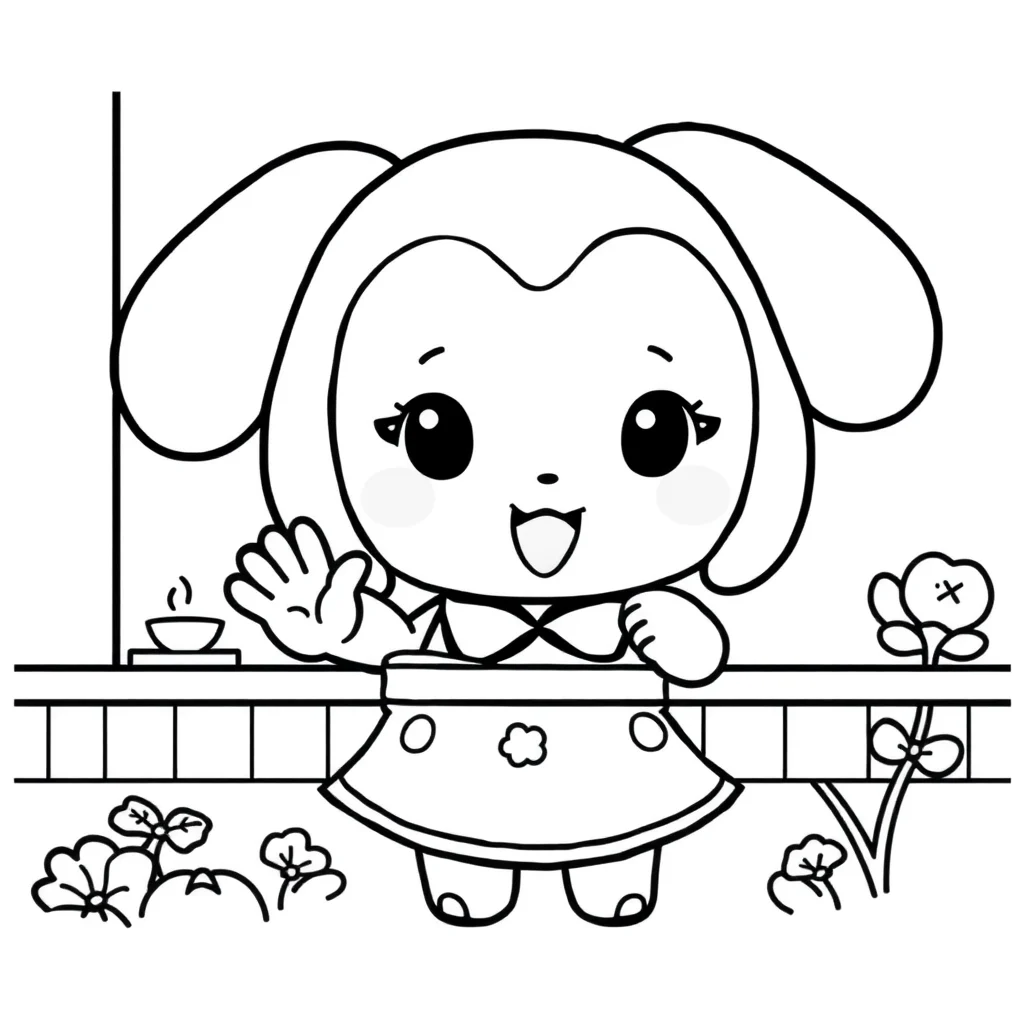 Kuromi cute kuromi sanrio character waving peeking from behind some — classic kuromi coloring page (ages 5–10)