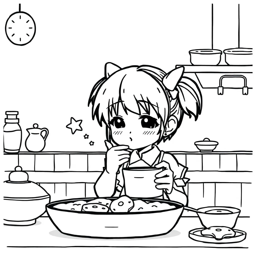 Kuromi kuromi blowing a kiss baking cookies — classic kuromi coloring page (ages 5–10)