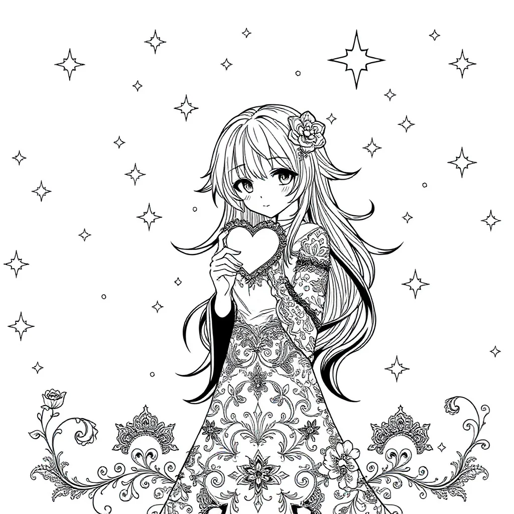 Kuromi kuromi holding a heart under the night sky with stars — detailed kuromi coloring page (ages 9+ & adults)