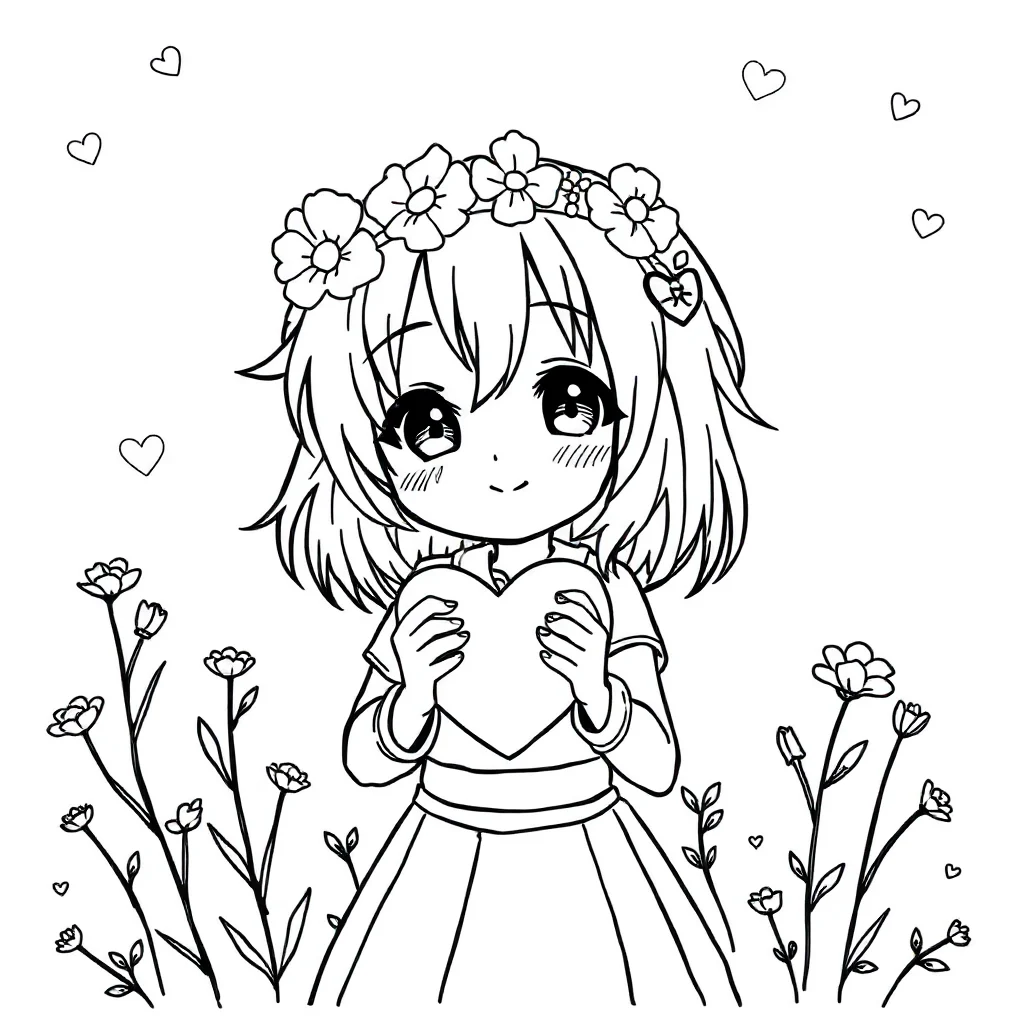 Kuromi kuromi holding a heart wearing a flower crown — classic kuromi coloring page (ages 5–10)