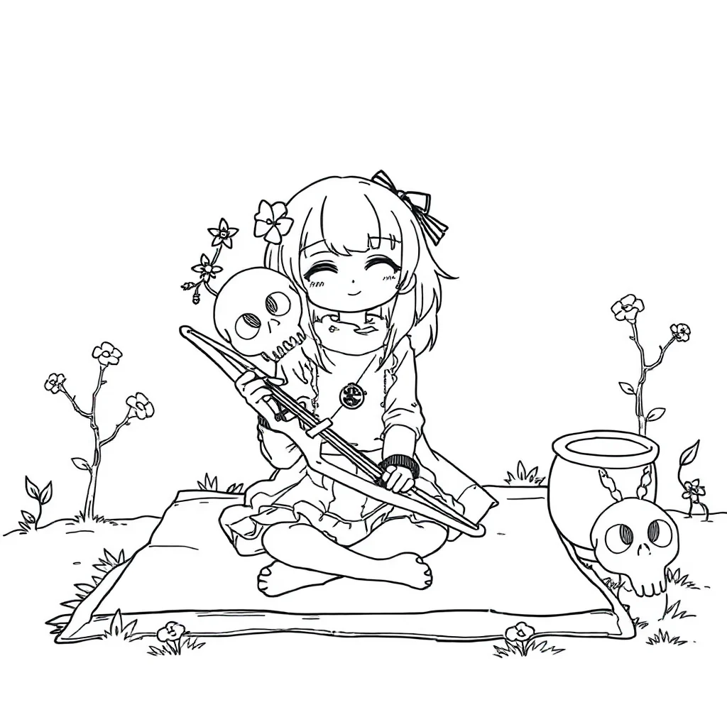 Kuromi kuromi sitting with a skull bow having a picnic — classic kuromi coloring page (ages 5–10)