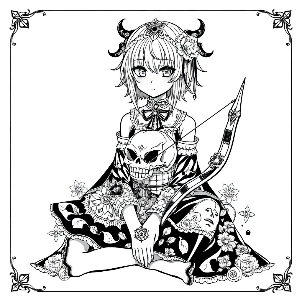 Kuromi kuromi sitting with a skull bow sitting — detailed kuromi coloring page (ages 9+ & adults)