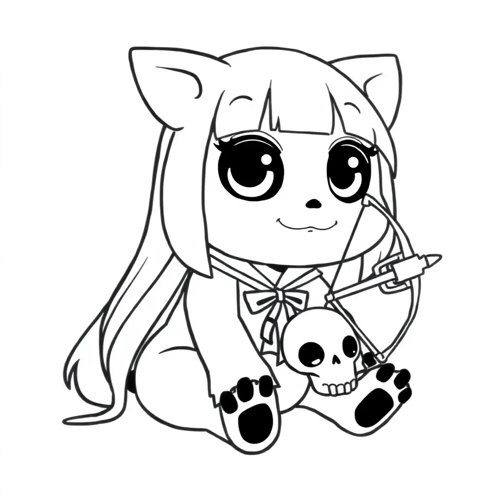 Kuromi kuromi sitting with a skull bow — easy kuromi coloring page (ages 2–5)