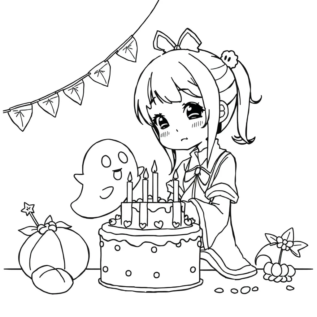 Kuromi kuromi with a little ghost friend celebrating a birthday — classic kuromi coloring page (ages 5–10)