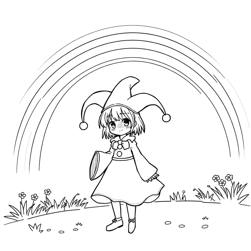 Kuromi kuromi with her jester hat under a rainbow — classic kuromi coloring page (ages 5–10)